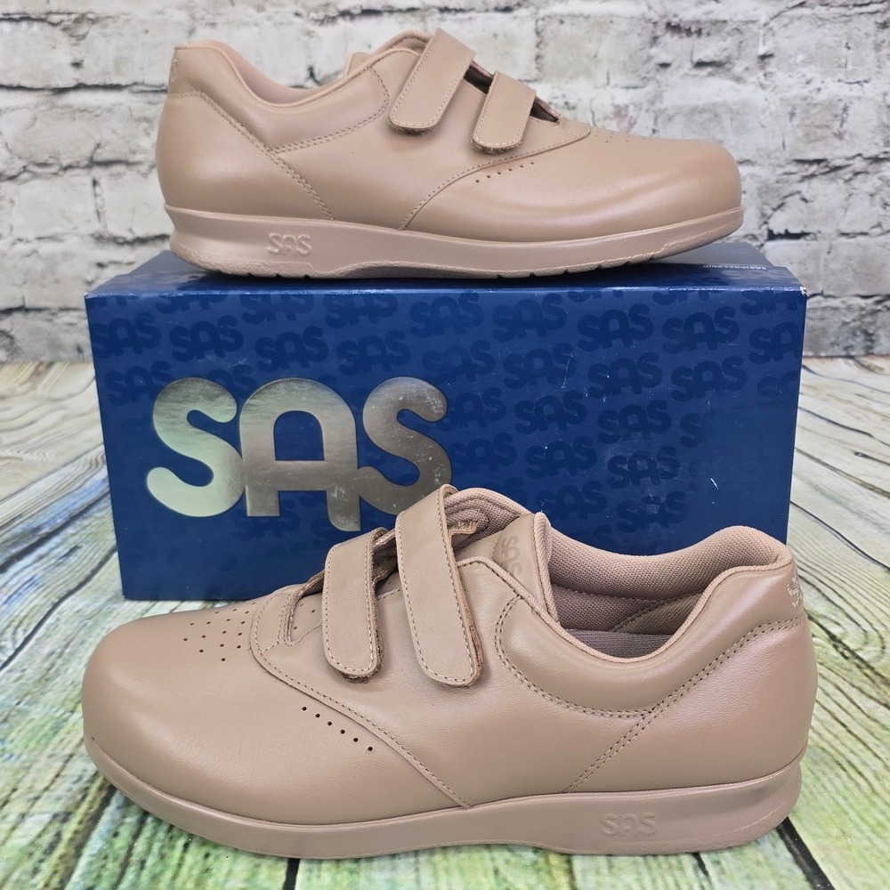 SAS Me Too Walking Shoes Womens 9 M Taupe Leather Hook Loop Comfort Made in USA
